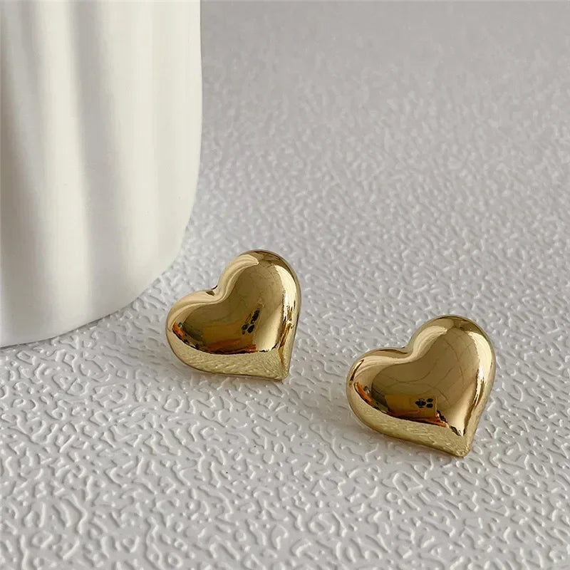 Gold Color Smooth Surface Love Heart Shaped Stud Earrings Women