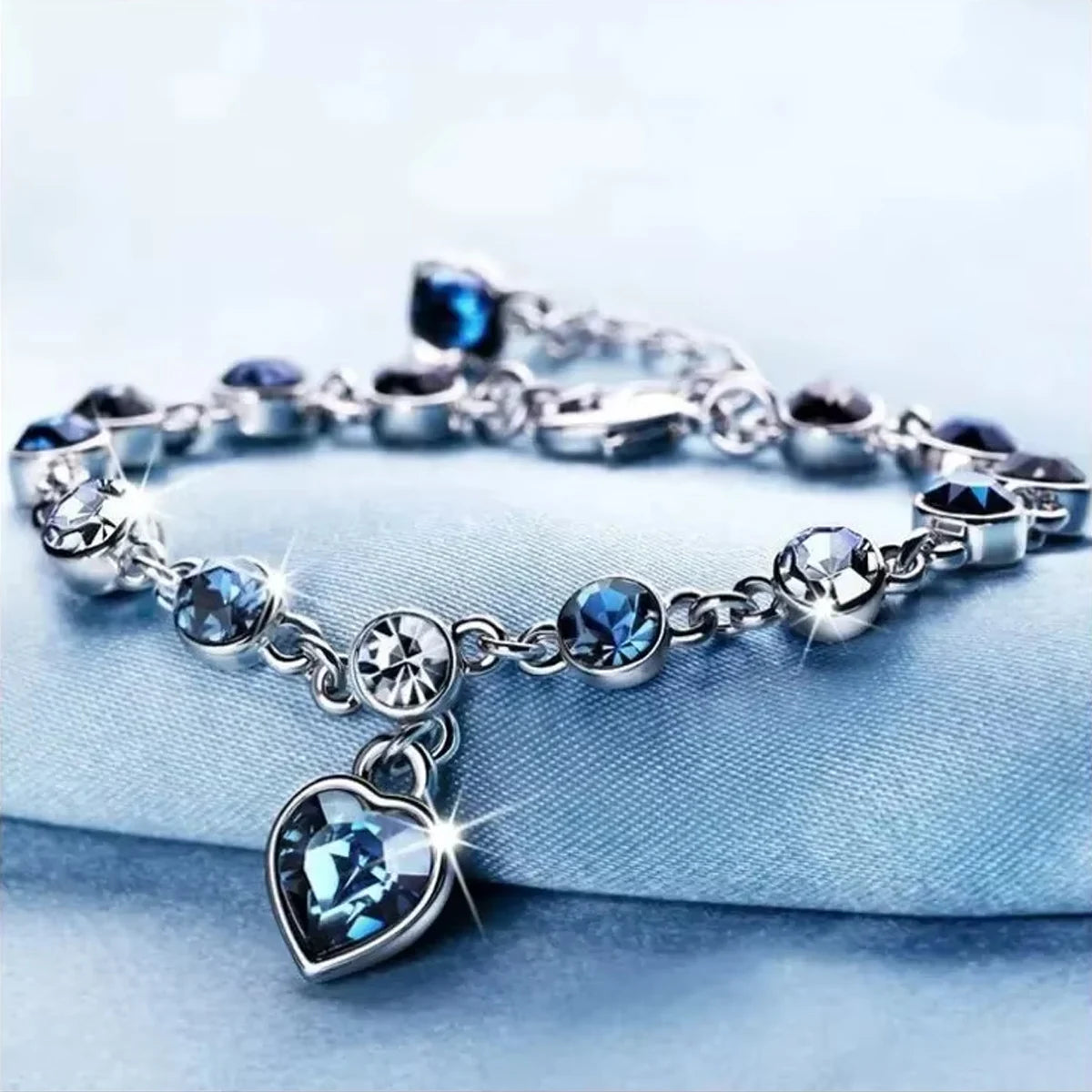 Women Silver Color Lucky Bracelet Female Blue Crystal