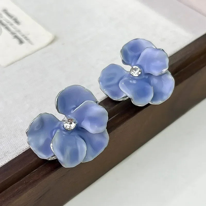 Red Blue Enamel Flower Stud Earrings for Women