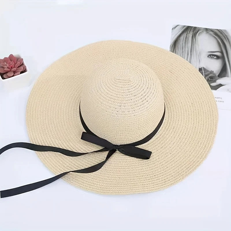 Black Bow Tie Edge Beach Hat Woman Fashionable