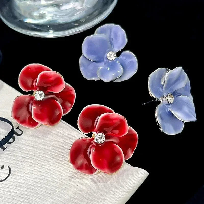 Red Blue Enamel Flower Stud Earrings for Women