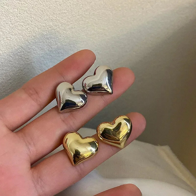 Gold Color Smooth Surface Love Heart Shaped Stud Earrings Women