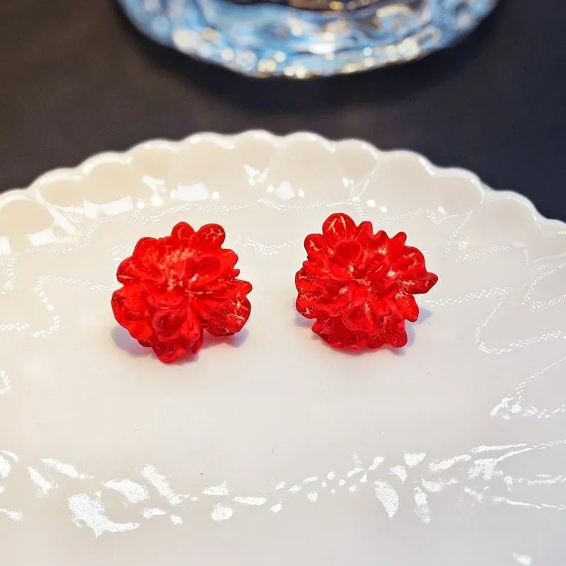 Red Blue Enamel Flower Stud Earrings for Women