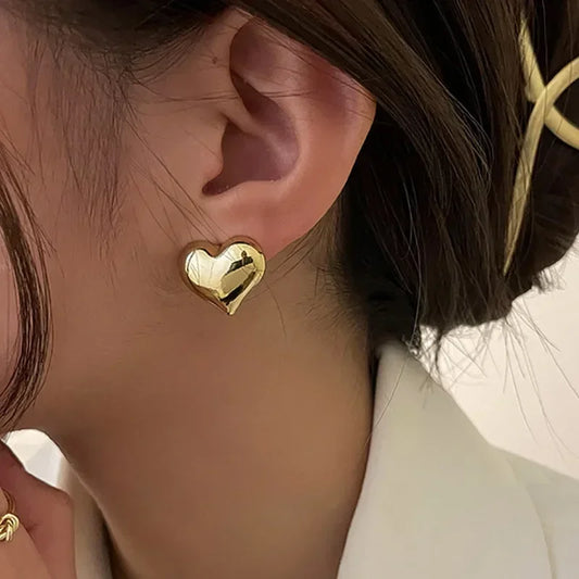 Gold Color Smooth Surface Love Heart Shaped Stud Earrings Women