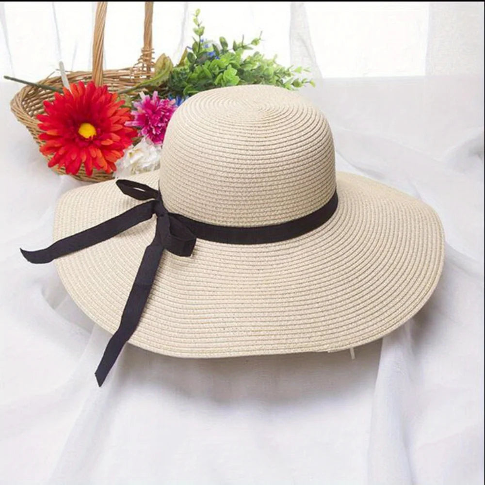 Black Bow Tie Edge Beach Hat Woman Fashionable