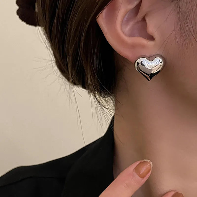 Gold Color Smooth Surface Love Heart Shaped Stud Earrings Women