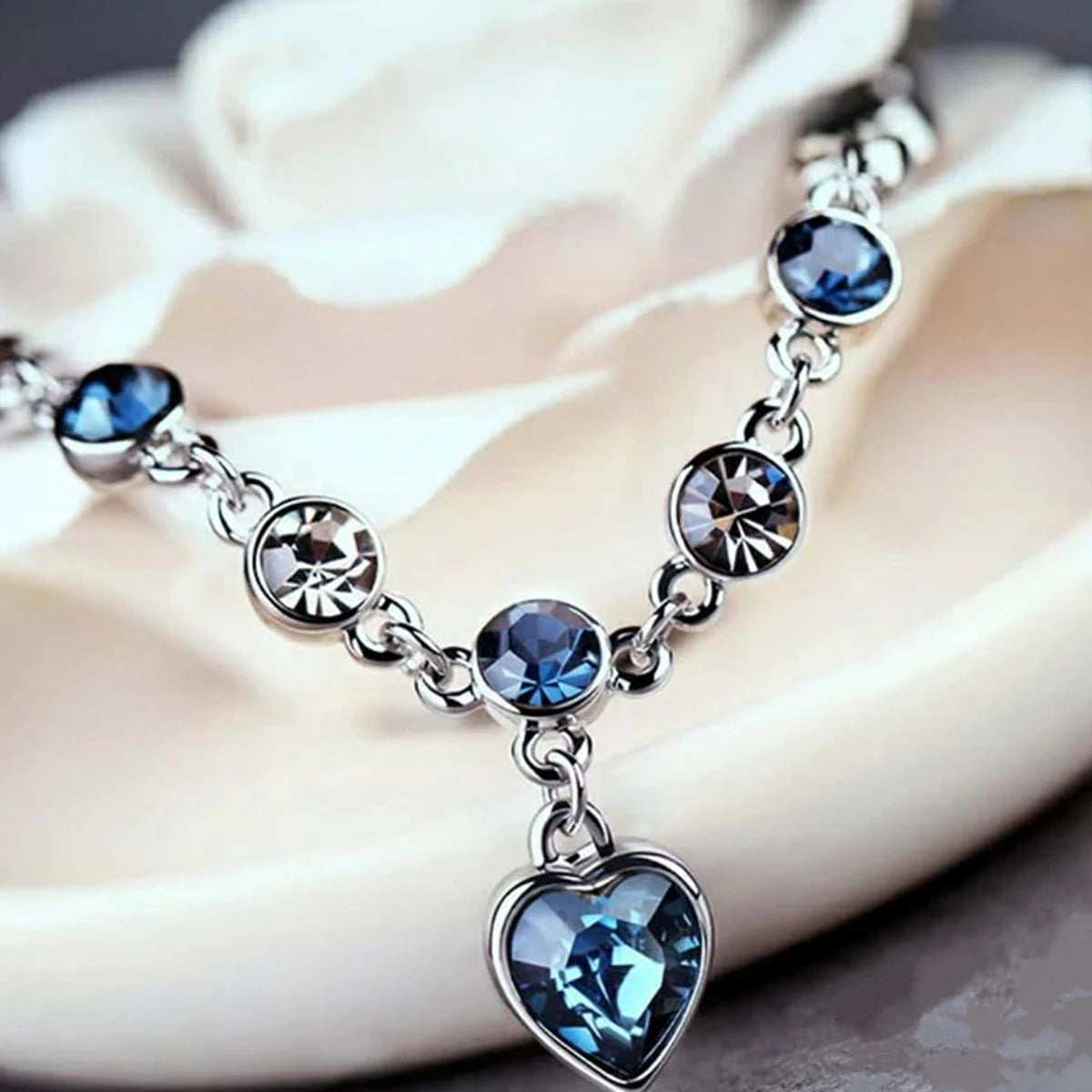 Women Silver Color Lucky Bracelet Female Blue Crystal