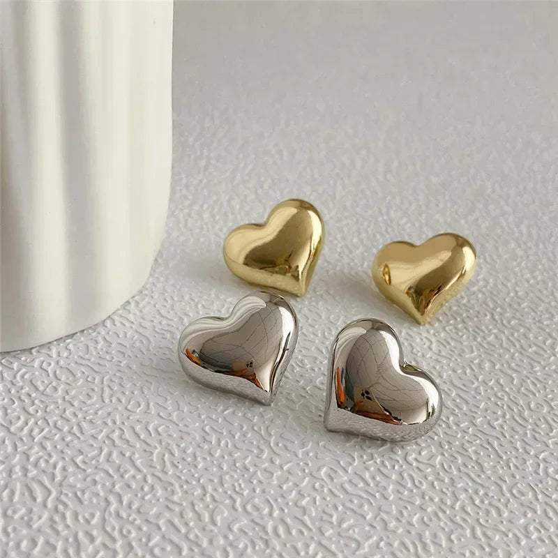 Gold Color Smooth Surface Love Heart Shaped Stud Earrings Women