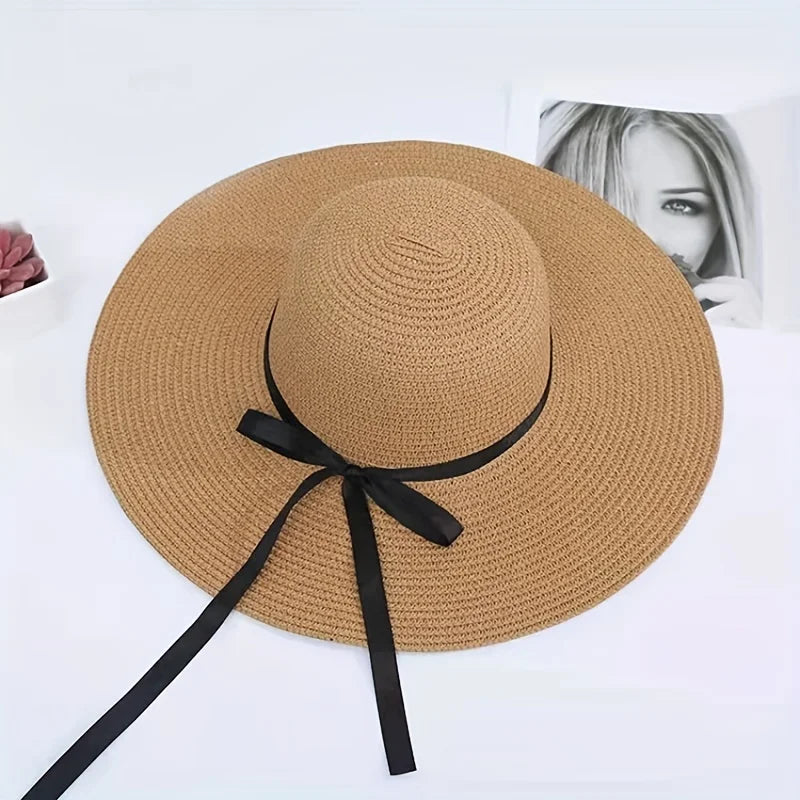 Black Bow Tie Edge Beach Hat Woman Fashionable