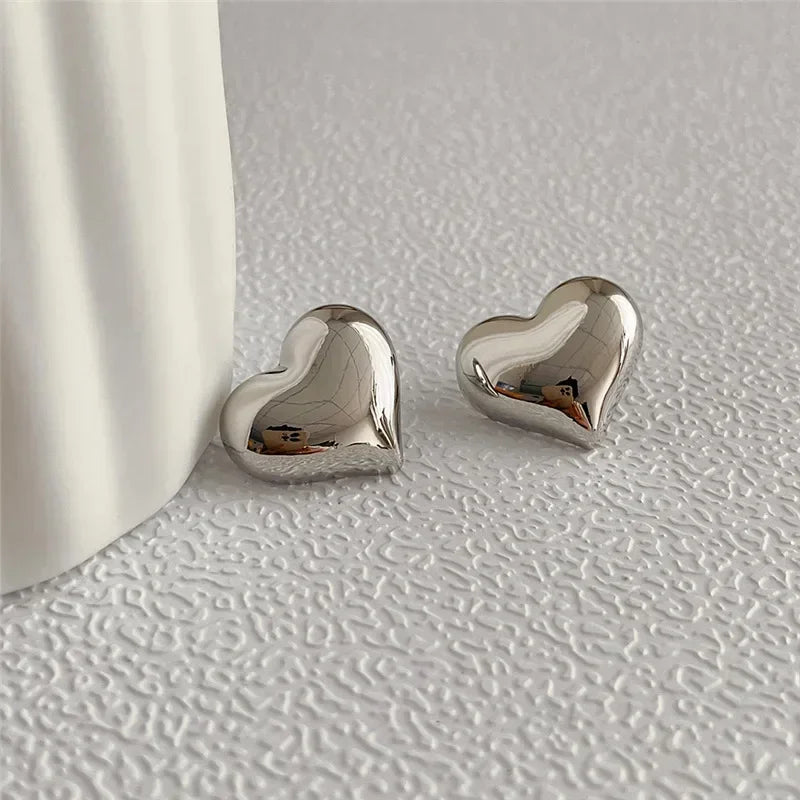 Gold Color Smooth Surface Love Heart Shaped Stud Earrings Women